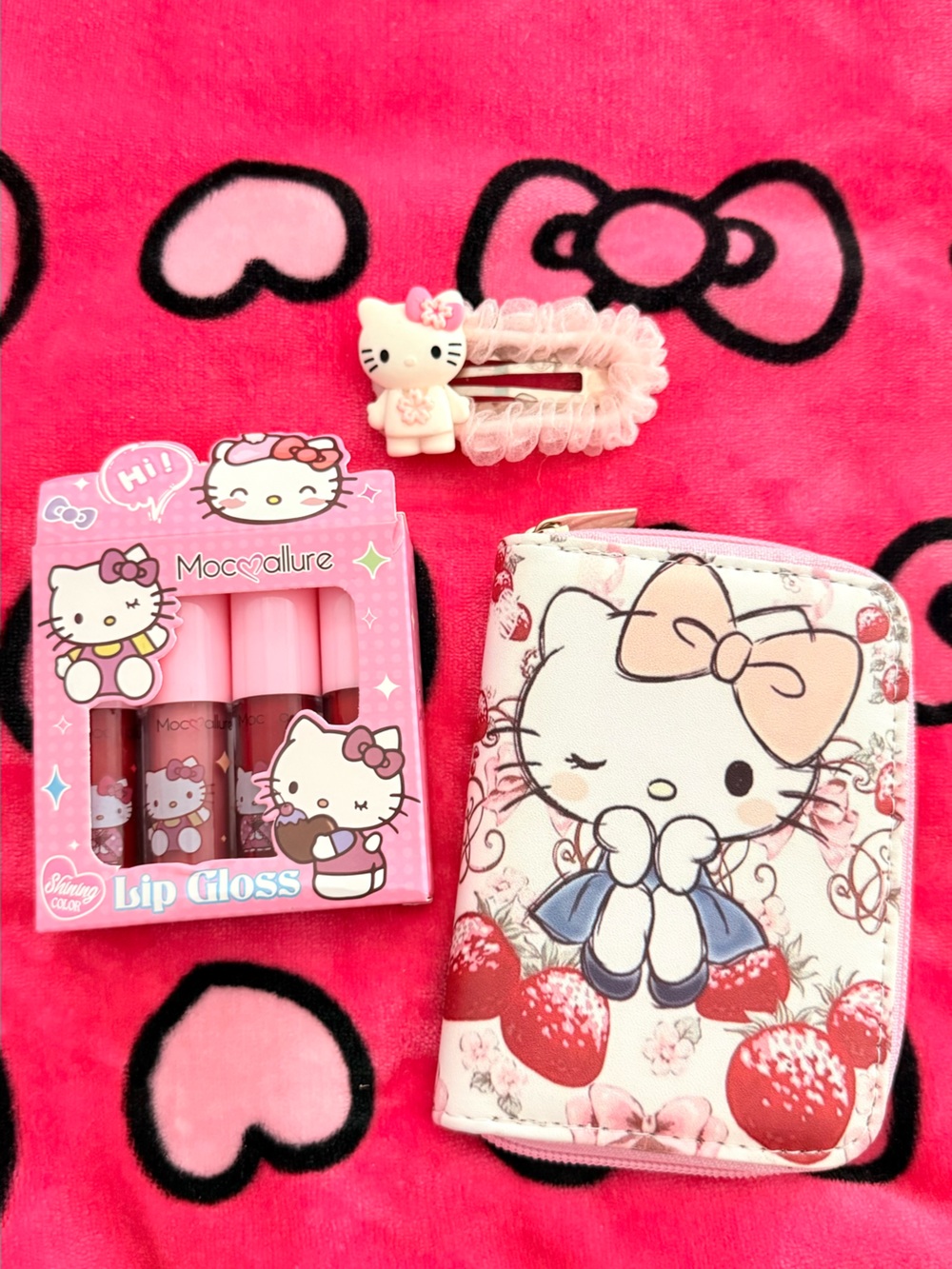 Hello Kitty Pink Lip Gloss Trio with Matching wallet & Hair Clip